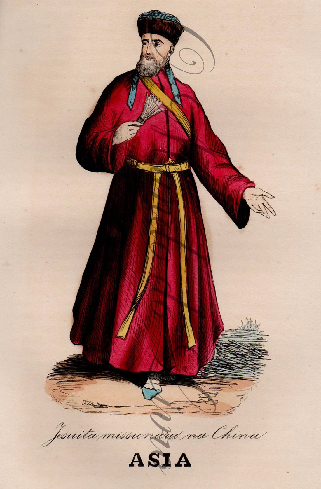 Gravura Original — Usos e Trajos dos Povos do Mundo | Ásia - Jesuíta Missionário na China | Auguste Wahlen | Séc. XIX