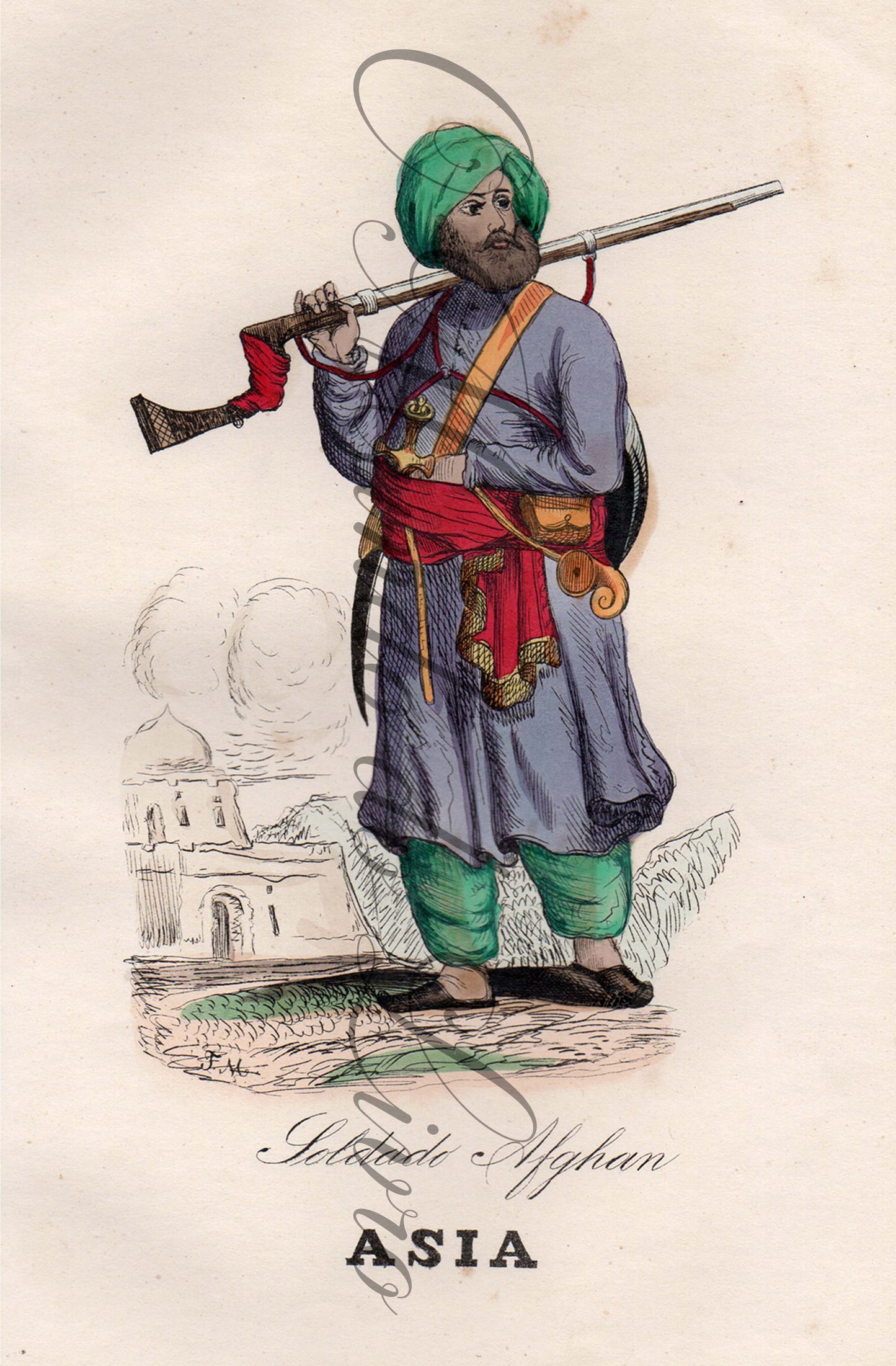 Original Engraving — Uses and Costumes of the Peoples of the World | Asia - Afghan Soldier | Auguste Wahlen | 19th Century