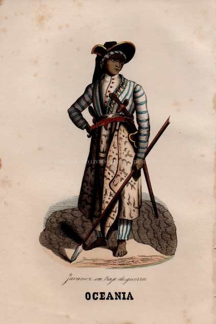 Gravura Original — Usos e Trajos dos Povos do Mundo | Oceania - Javanez em traje de guerra | Auguste Wahlen | Séc. XIX