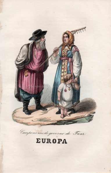 Gravura Original — Usos e Trajos dos Povos do Mundo | Europa - Camponeses do governo de Twer | Auguste Wahlen | Séc. XIX