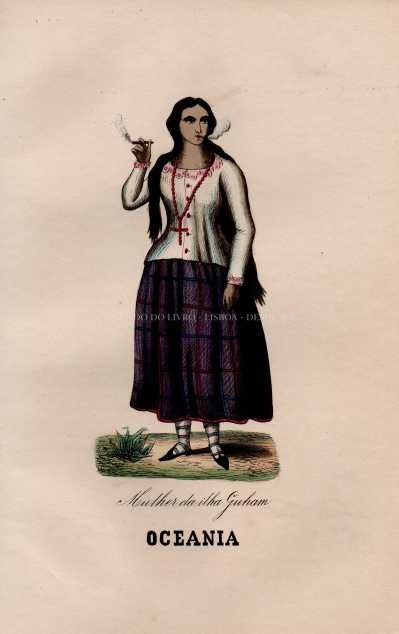 Gravura Original — Usos e Trajos dos Povos do Mundo | Oceania - Mulher da Ilha Guham | Auguste Wahlen | Séc. XIX