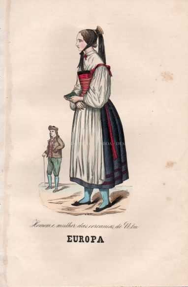 Gravura Original — Usos e Trajos dos Povos do Mundo | Europa - Homem e mulher das cercanias de Ulm | Auguste Wahlen | Séc. XIX