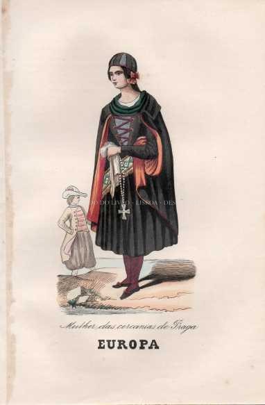 Gravura Original — Usos e Trajos dos Povos do Mundo | Europa - Mulher das cercanias de Praga | Auguste Wahlen | Séc. XIX