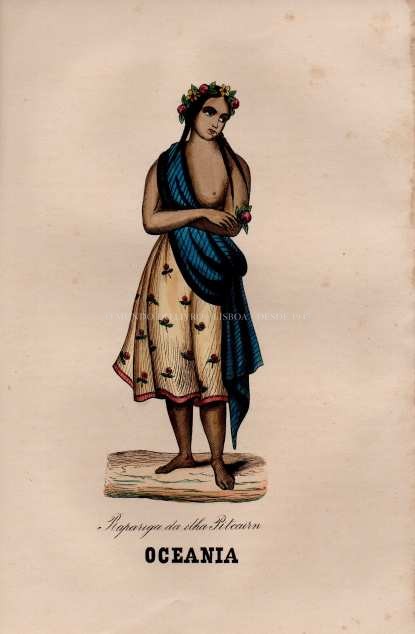 Gravura Original — Usos e Trajos dos Povos do Mundo | Oceania - Rapariga da ilha Pitcairn | Auguste Wahlen | Séc. XIX