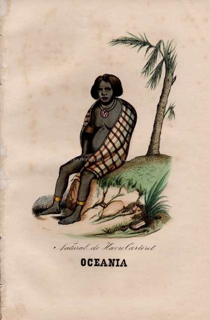 Gravura Original — Usos e Trajos dos Povos do Mundo | Oceania - Natural do Havre Carteret | Auguste Wahlen | Séc. XIX