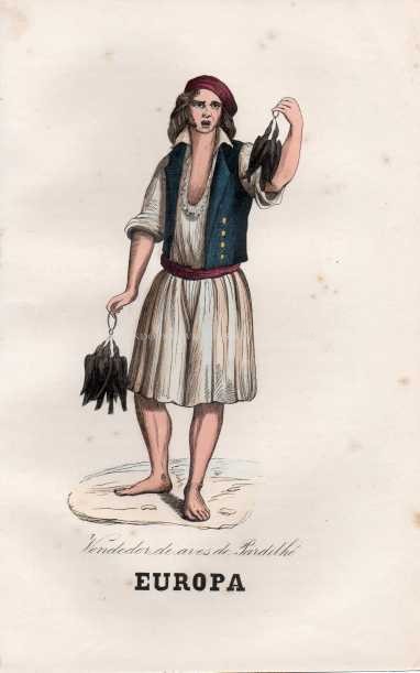 Gravura Original — Usos e Trajos dos Povos do Mundo | Europa - Vendedor de aves de Pardilhó | Auguste Wahlen | Séc. XIX | Auguste Wahlen | Séc. XIX