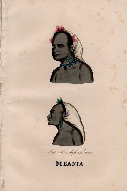 Gravura Original — Usos e Trajos dos Povos do Mundo | Oceania - Natural e chefe de Vanu| Auguste Wahlen | Séc. XIX