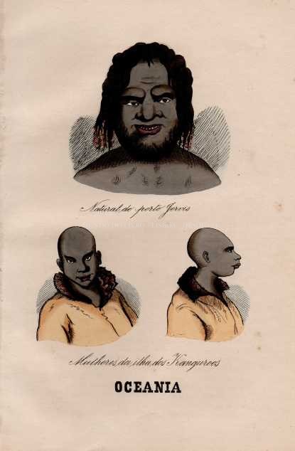 Gravura Original — Usos e Trajos dos Povos do Mundo | Oceania - natural do porto Jarvis e Mulheres da ilha dos Kanguroos | Auguste Wahlen | Séc. XIX