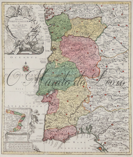 Regna Portugalliae et Algarbiae, cum adjacentibus Hispaniae Provinciis. Quibus in peculiari et minori Mappa adjunctum est Brasiliae Regnum Sumptibus et Studio.