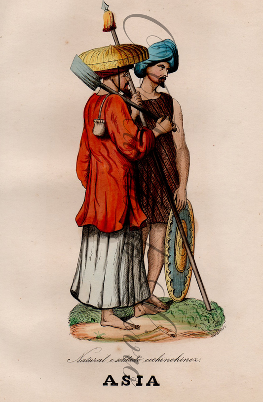Gravura Original — Usos e Trajos dos Povos do Mundo | Ásia - Natural e Soldado Conchichinez | Auguste Wahlen | Séc. XIX