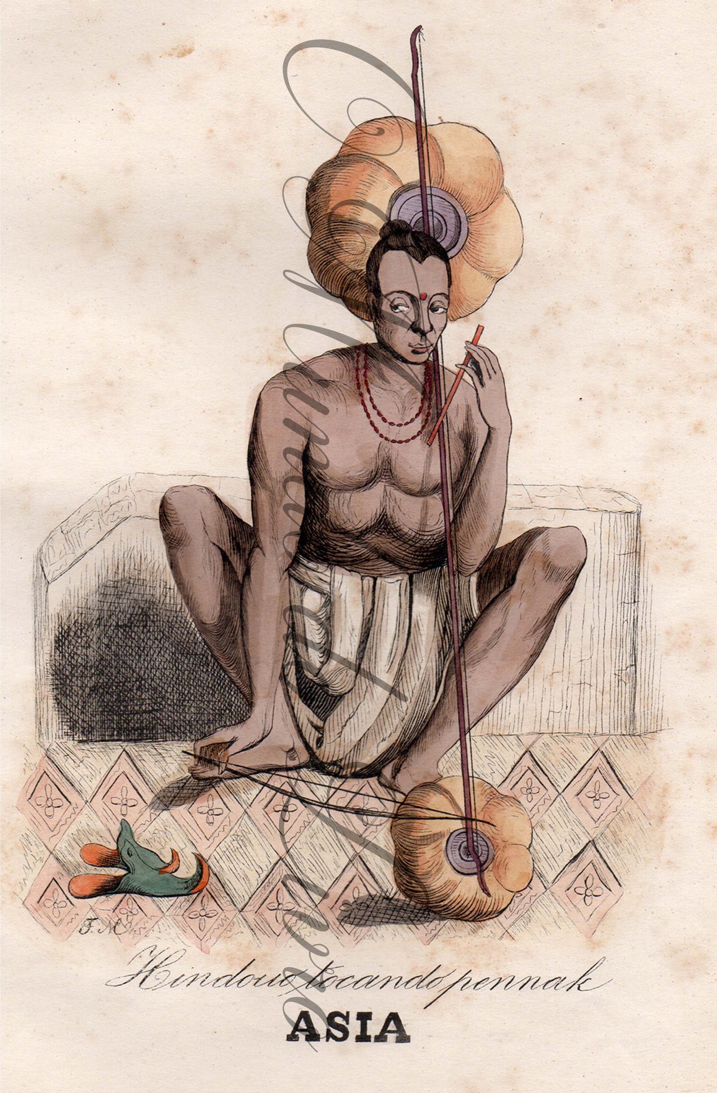 Original Engraving — Uses and Customs of the Peoples of the World | Asia - Hindu playing a Pennak | Auguste Wahlen | 19th Century