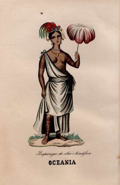 Gravura Original — Usos e Trajos dos Povos do Mundo | Oceania - Rapariga da ilha de Madison | Auguste Wahlen | Séc. XIX