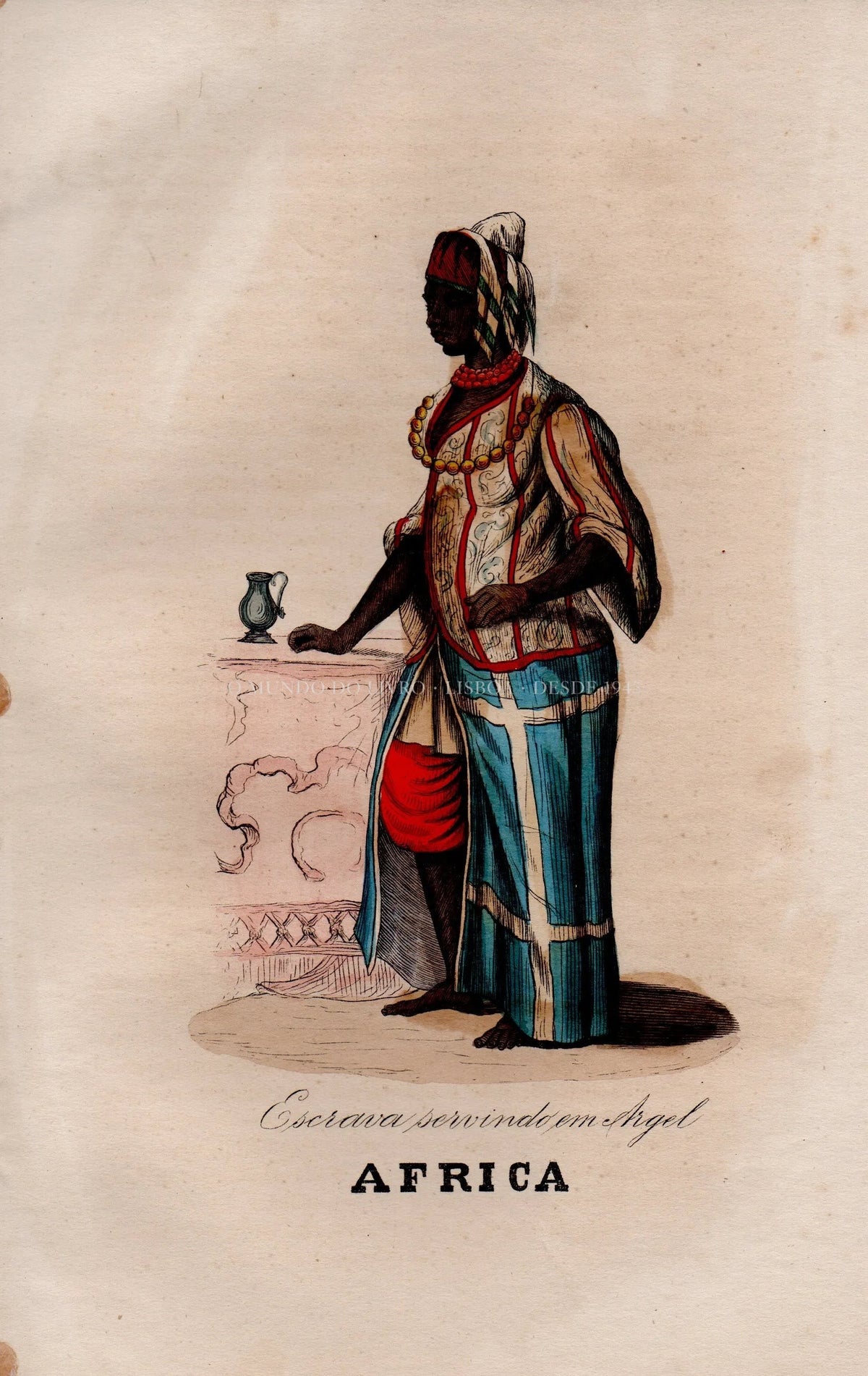 Gravura Original — Usos e Trajos dos Povos do Mundo | África - Escrava Servindo em Argel | Auguste Wahlen | Séc. XIX