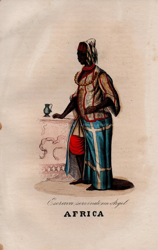 Gravura Original — Usos e Trajos dos Povos do Mundo | África - Escrava Servindo em Argel | Auguste Wahlen | Séc. XIX