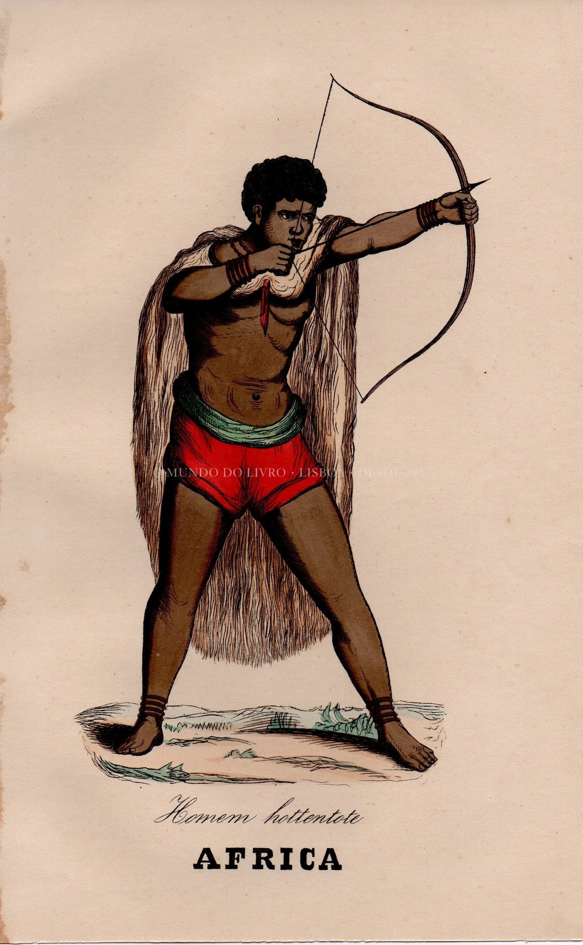 Gravura Original — Usos e Trajos dos Povos do Mundo | África - Homem Hottentote | Auguste Wahlen | Séc. XIX