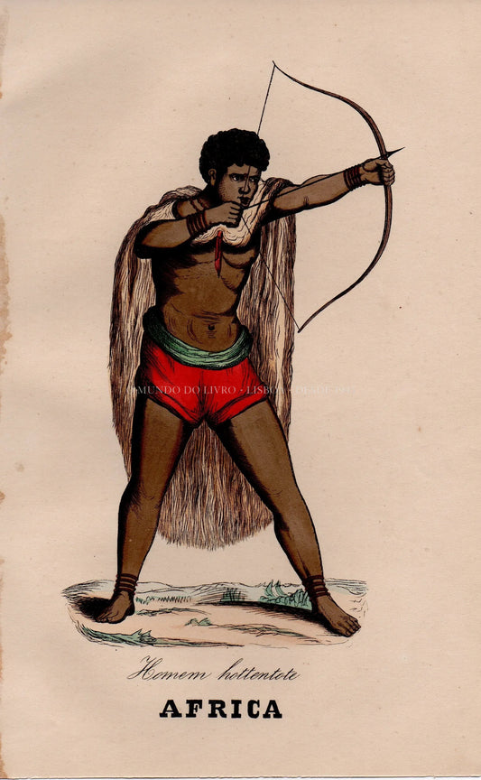 Gravura Original — Usos e Trajos dos Povos do Mundo | África - Homem Hottentote | Auguste Wahlen | Séc. XIX
