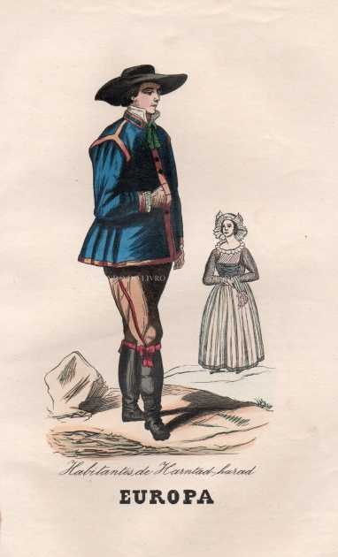 Gravura Original — Usos e Trajos dos Povos do Mundo | Europa - Habitantes de Harntad | Auguste Wahlen | Séc. XIX