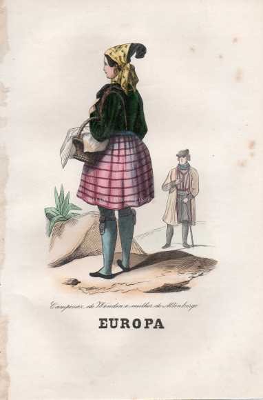 Gravura Original — Usos e Trajos dos Povos do Mundo | Europa - Camponês de Wenden e mulher de Altenburgo | Auguste Wahlen | Séc. XIX