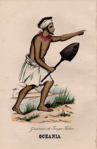 Gravura Original — Usos e Trajos dos Povos do Mundo | Oceania - Guerreiro de Tonga Tabou | Auguste Wahlen | Séc. XIX
