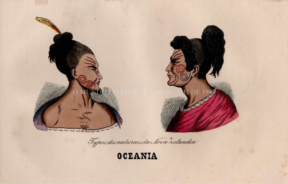 Gravura Original — Usos e Trajos dos Povos do Mundo | Oceania - Naturais da Nove Zelândia | Auguste Wahlen | Séc. XIX