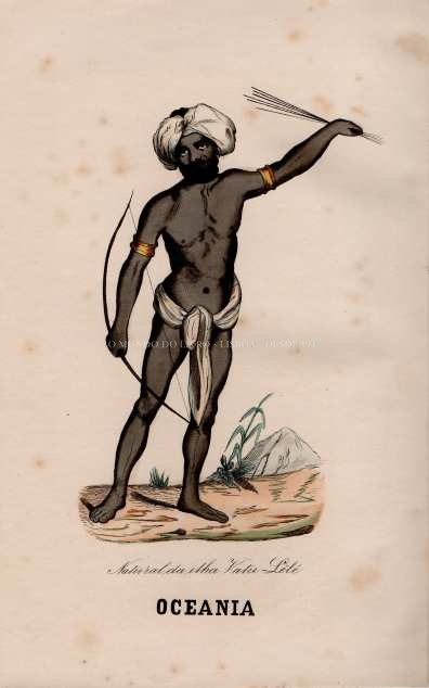 Gravura Original — Usos e Trajos dos Povos do Mundo | Oceania - Natural da ilha Vatu Lélé | Auguste Wahlen | Séc. XIX