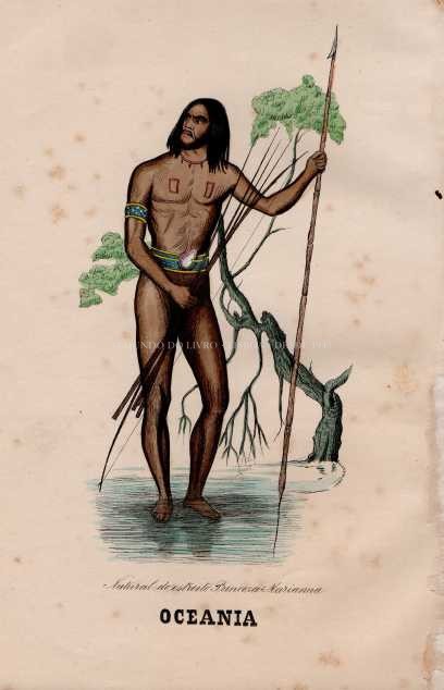 Gravura Original — Usos e Trajos dos Povos do Mundo | Oceania - Natural do estreito Princeza Marianna | Auguste Wahlen | Séc. XIX